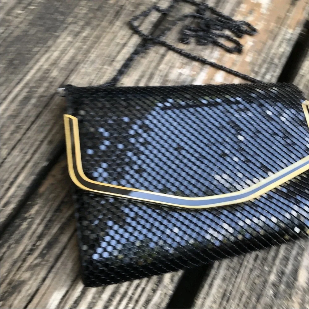 Black Metal Mesh Purse Envelope Clutch Bag Gold Accents Disco Vintage 70s 80s